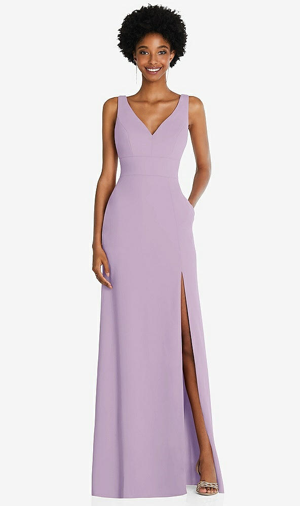 Front View - Pale Purple Square Low-Back A-Line Dress with Front Slit and Pockets