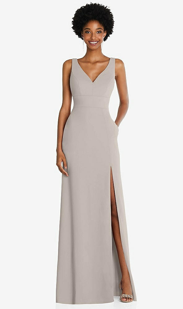 Front View - Taupe Square Low-Back A-Line Dress with Front Slit and Pockets