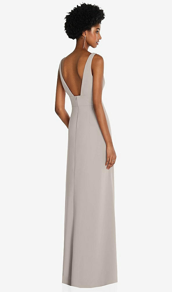 Back View - Taupe Square Low-Back A-Line Dress with Front Slit and Pockets