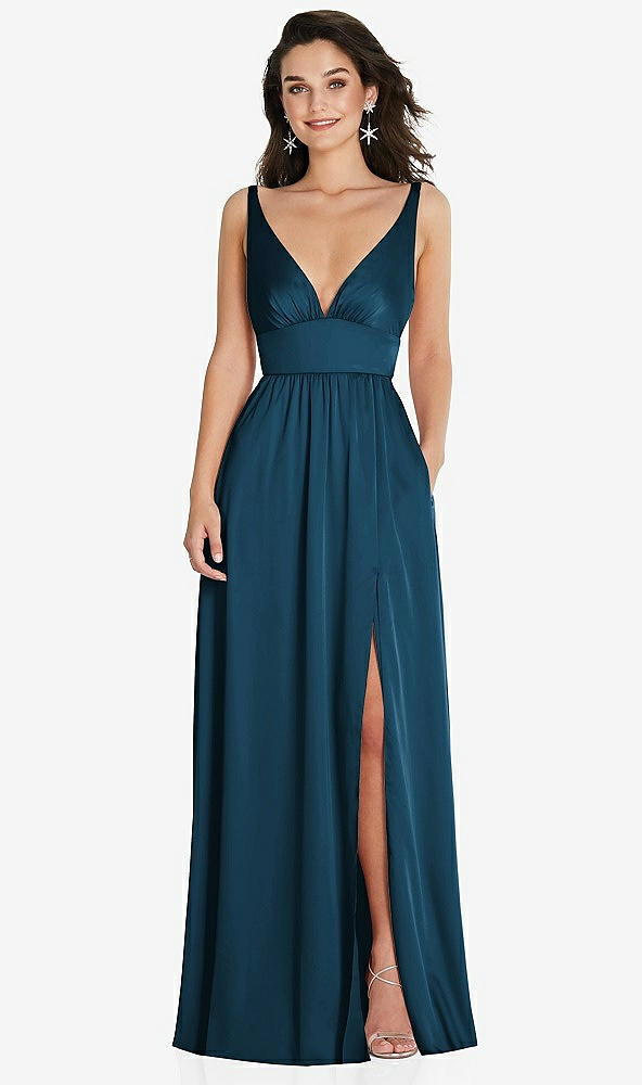 Front View - Atlantic Blue Deep V-Neck Shirred Skirt Maxi Dress with Convertible Straps