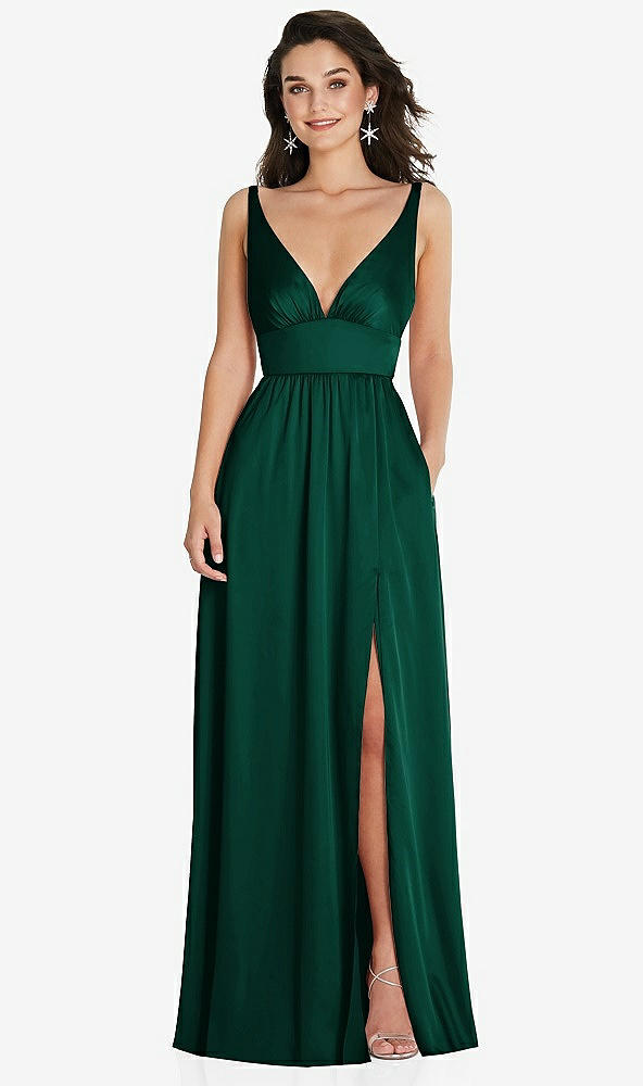 Front View - Hunter Green Deep V-Neck Shirred Skirt Maxi Dress with Convertible Straps