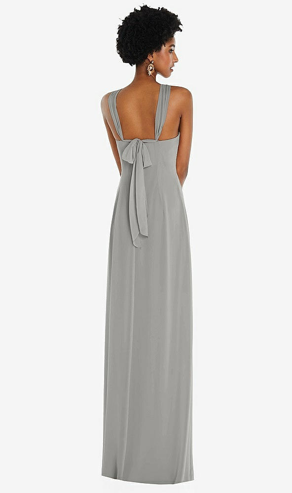 Back View - Chelsea Gray Draped Chiffon Grecian Column Gown with Convertible Straps