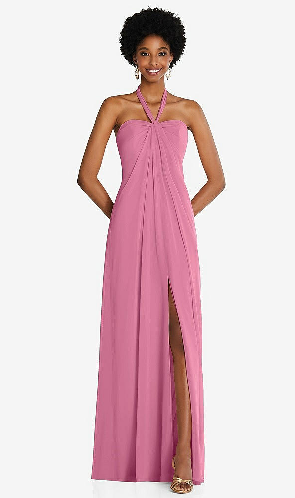 Front View - Orchid Pink Draped Chiffon Grecian Column Gown with Convertible Straps