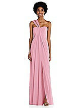 Alt View 1 Thumbnail - Peony Pink Draped Chiffon Grecian Column Gown with Convertible Straps