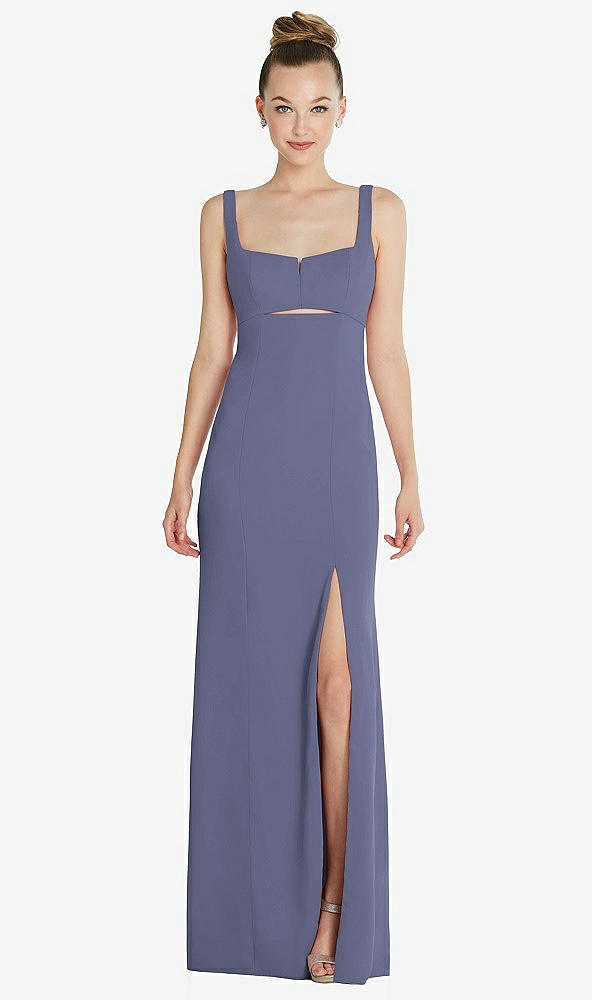 Front View - French Blue Wide Strap Slash Cutout Empire Dress with Front Slit
