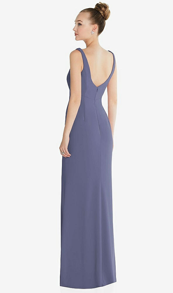 Back View - French Blue Wide Strap Slash Cutout Empire Dress with Front Slit