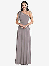 Alt View 1 Thumbnail - Cashmere Gray Draped One-Shoulder Maxi Dress with Scarf Bow
