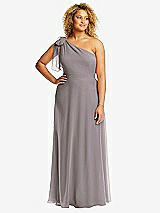 Front View Thumbnail - Cashmere Gray Draped One-Shoulder Maxi Dress with Scarf Bow