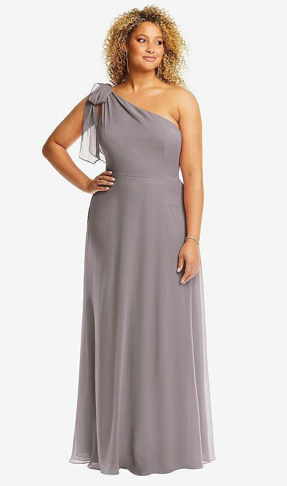 Front View - Cashmere Gray Draped One-Shoulder Maxi Dress with Scarf Bow