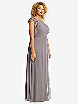 Side View Thumbnail - Cashmere Gray Draped One-Shoulder Maxi Dress with Scarf Bow
