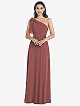 Alt View 1 Thumbnail - English Rose Draped One-Shoulder Maxi Dress with Scarf Bow