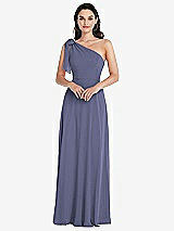 Alt View 1 Thumbnail - French Blue Draped One-Shoulder Maxi Dress with Scarf Bow