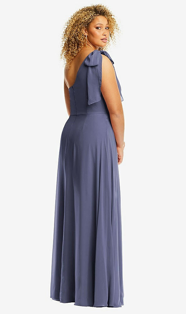 Back View - French Blue Draped One-Shoulder Maxi Dress with Scarf Bow