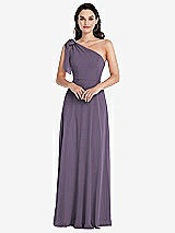 Alt View 1 Thumbnail - Lavender Draped One-Shoulder Maxi Dress with Scarf Bow