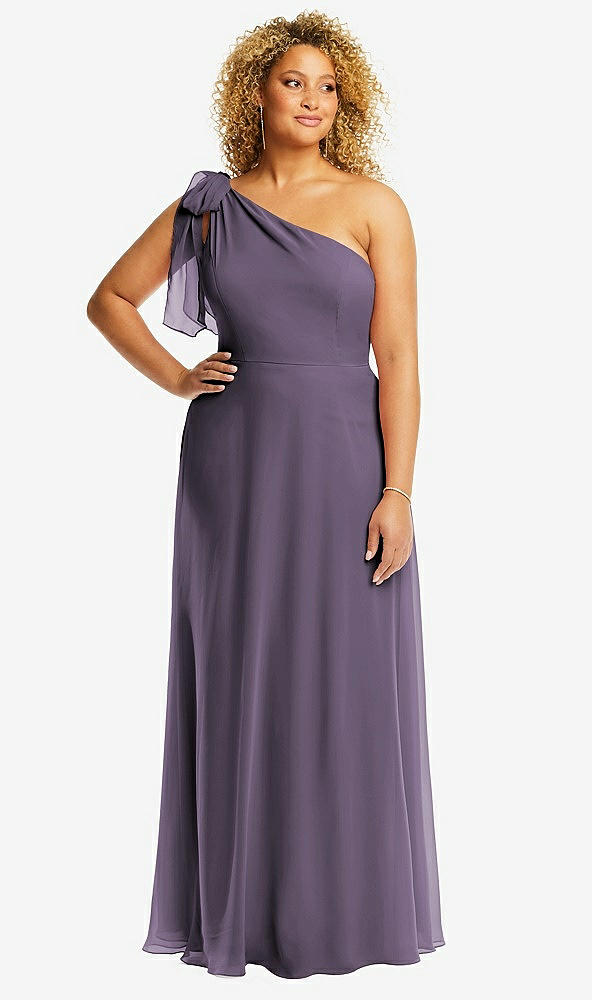 Front View - Lavender Draped One-Shoulder Maxi Dress with Scarf Bow