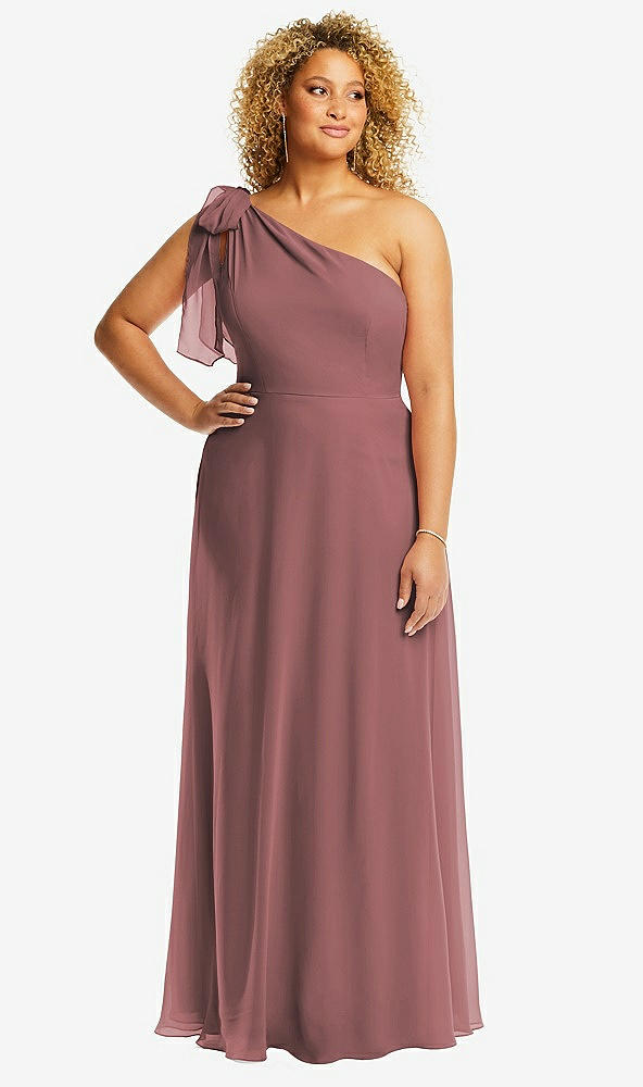 Front View - Rosewood Draped One-Shoulder Maxi Dress with Scarf Bow