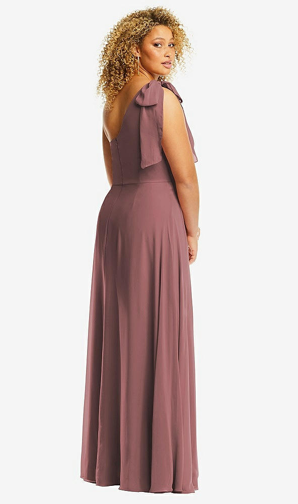 Back View - Rosewood Draped One-Shoulder Maxi Dress with Scarf Bow