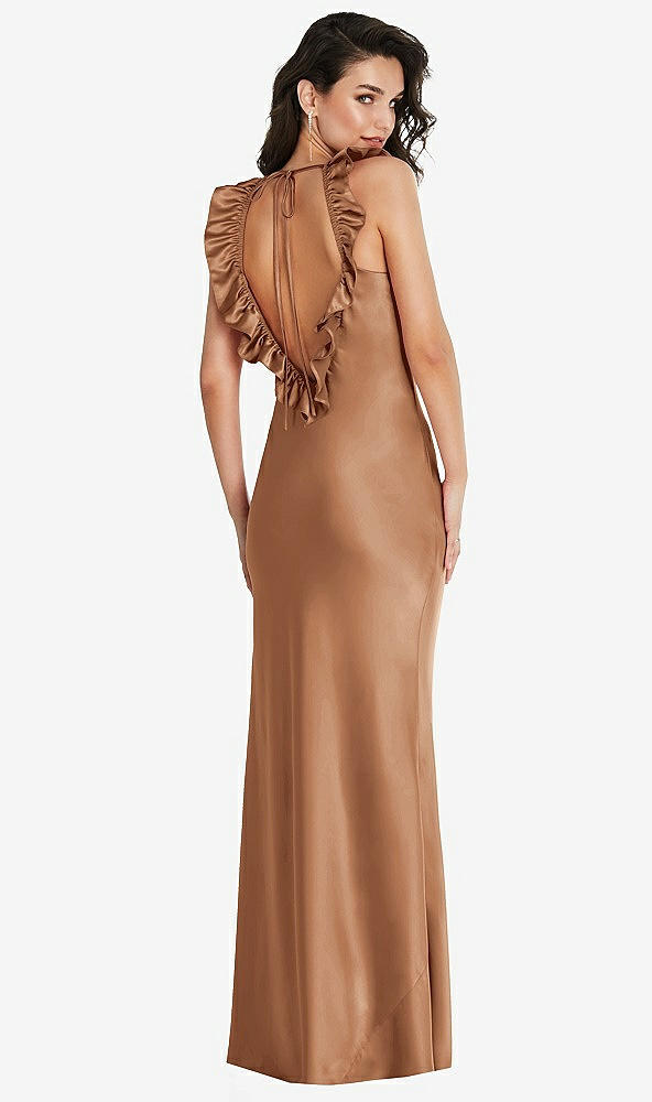 Front View - Toffee Ruffle Trimmed Open-Back Maxi Slip Dress