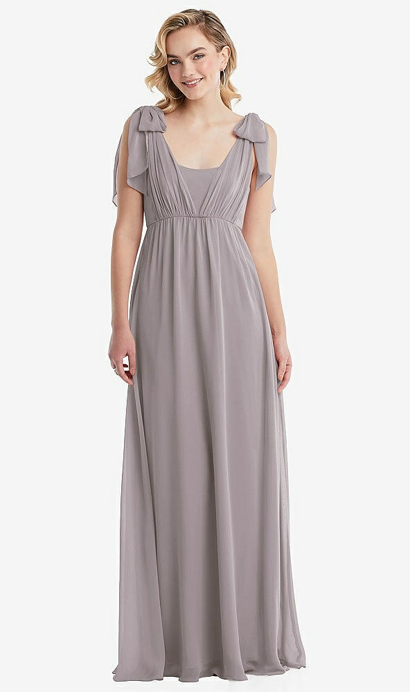 Front View - Cashmere Gray Empire Waist Shirred Skirt Convertible Sash Tie Maxi Dress