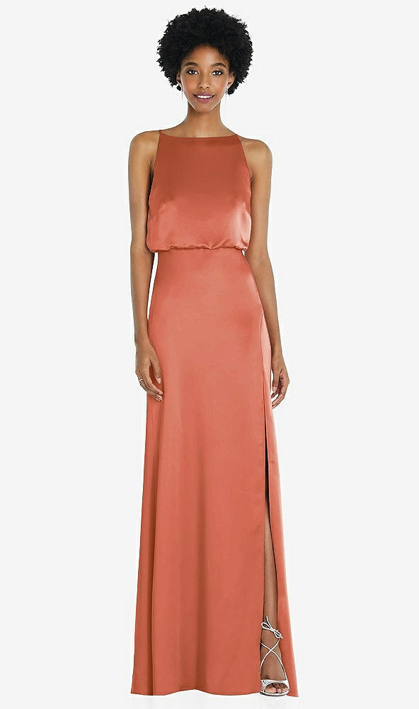 Back View - Terracotta Copper High-Neck Low Tie-Back Maxi Dress with Adjustable Straps