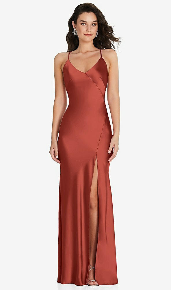 Front View - Amber Sunset V-Neck Convertible Strap Bias Slip Dress with Front Slit