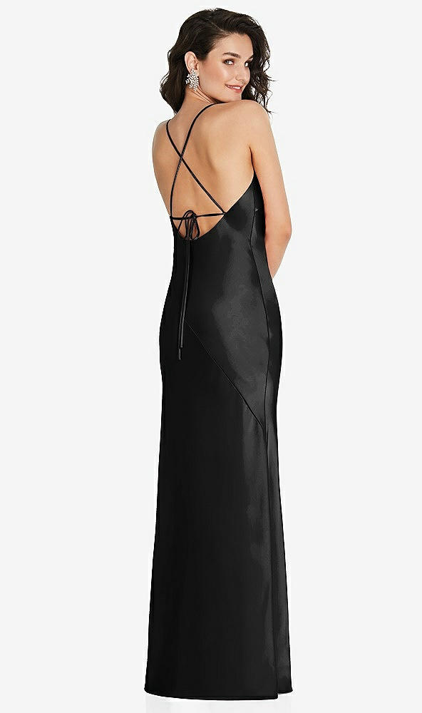 Back View - Black V-Neck Convertible Strap Bias Slip Dress with Front Slit