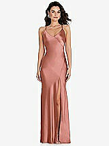 Front View Thumbnail - Desert Rose V-Neck Convertible Strap Bias Slip Dress with Front Slit