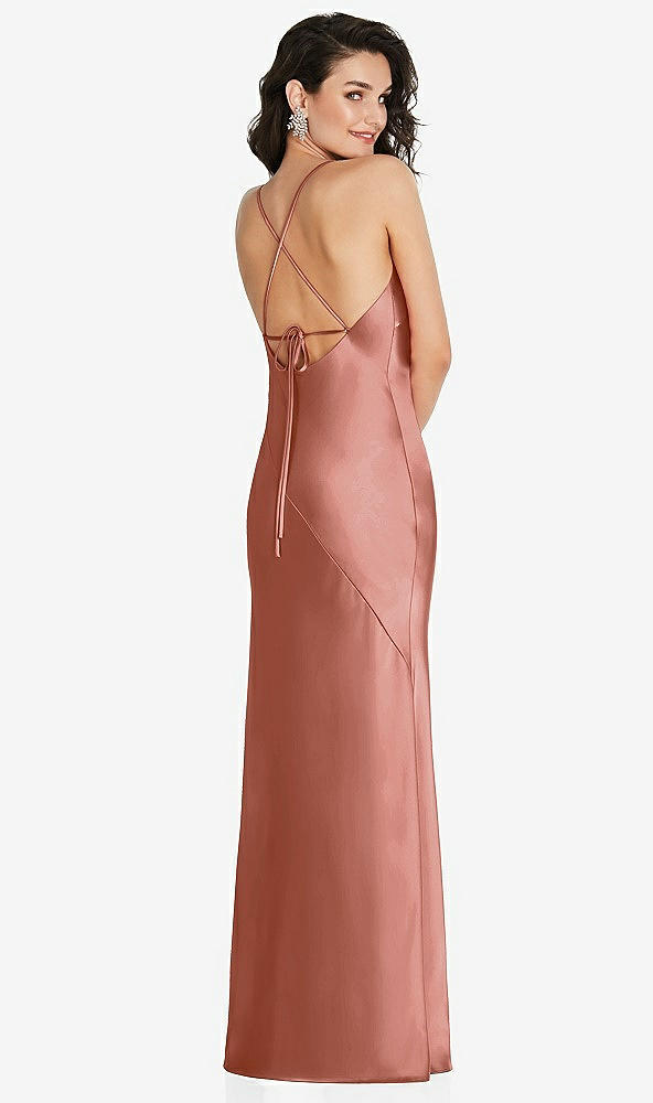 Back View - Desert Rose V-Neck Convertible Strap Bias Slip Dress with Front Slit
