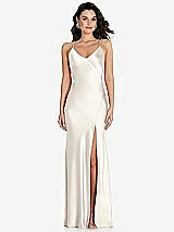 Front View Thumbnail - Ivory V-Neck Convertible Strap Bias Slip Dress with Front Slit
