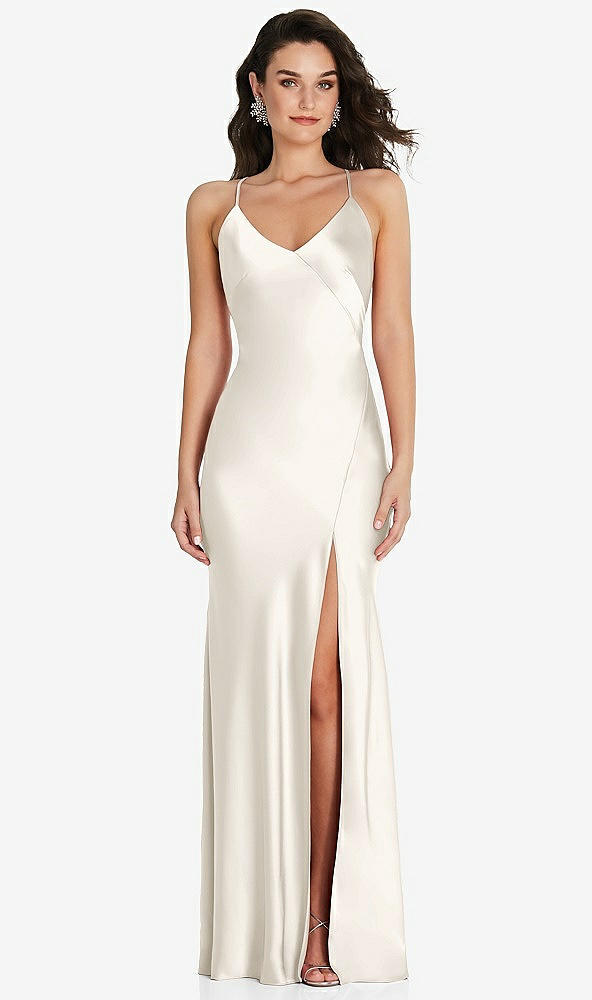 Front View - Ivory V-Neck Convertible Strap Bias Slip Dress with Front Slit