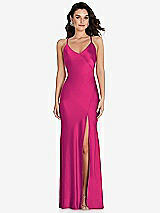 Front View Thumbnail - Think Pink V-Neck Convertible Strap Bias Slip Dress with Front Slit