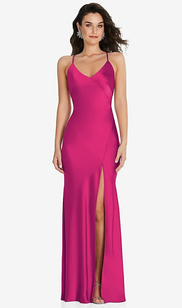 Front View - Think Pink V-Neck Convertible Strap Bias Slip Dress with Front Slit
