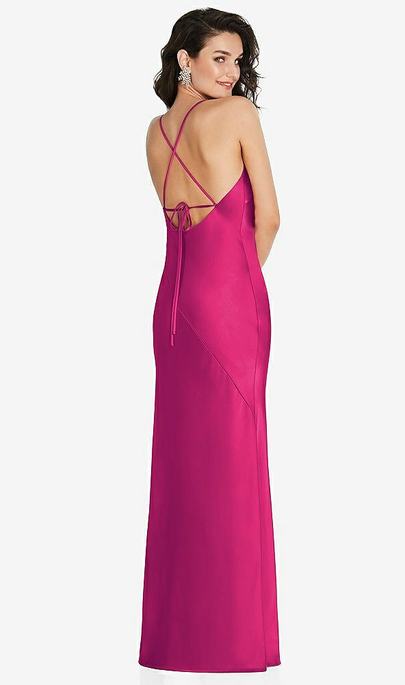 Back View - Think Pink V-Neck Convertible Strap Bias Slip Dress with Front Slit