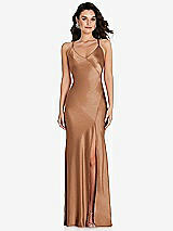 Front View Thumbnail - Toffee V-Neck Convertible Strap Bias Slip Dress with Front Slit