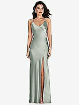 Front View Thumbnail - Willow Green V-Neck Convertible Strap Bias Slip Dress with Front Slit