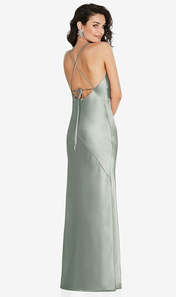Back View - Willow Green V-Neck Convertible Strap Bias Slip Dress with Front Slit