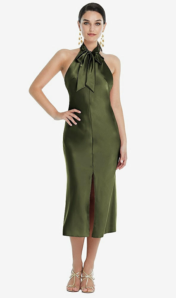 Front View - Olive Green Scarf Tie Stand Collar Midi Bias Dress with Front Slit