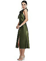 Side View Thumbnail - Olive Green Scarf Tie Stand Collar Midi Bias Dress with Front Slit