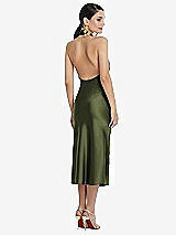 Rear View Thumbnail - Olive Green Scarf Tie Stand Collar Midi Bias Dress with Front Slit