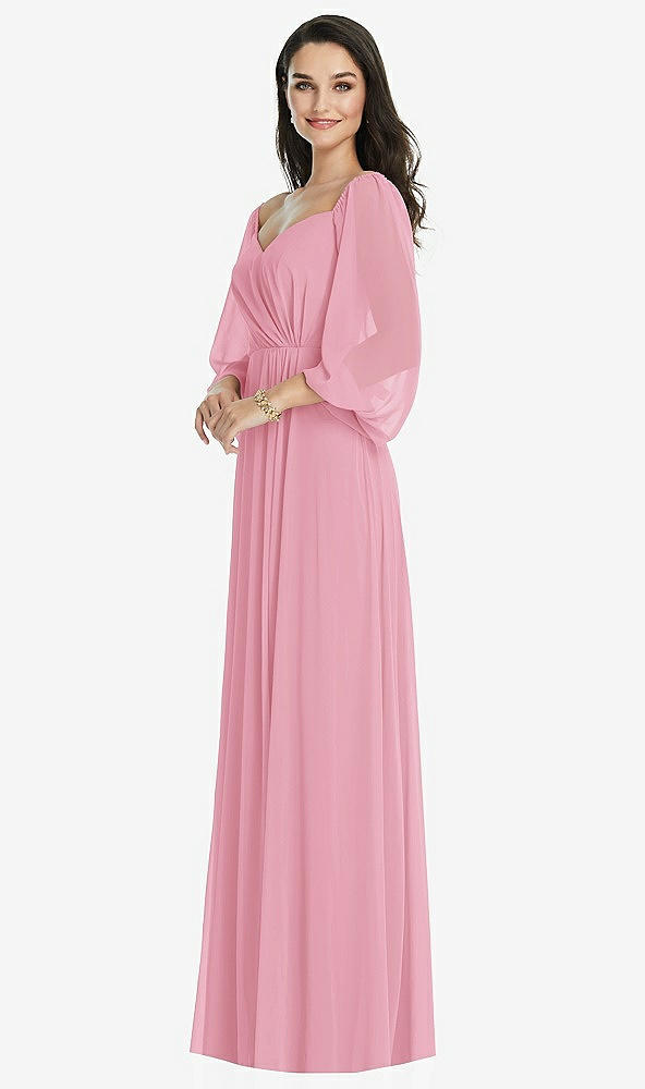 Front View - Peony Pink Off-the-Shoulder Puff Sleeve Maxi Dress with Front Slit