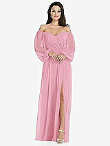 Side View Thumbnail - Peony Pink Off-the-Shoulder Puff Sleeve Maxi Dress with Front Slit