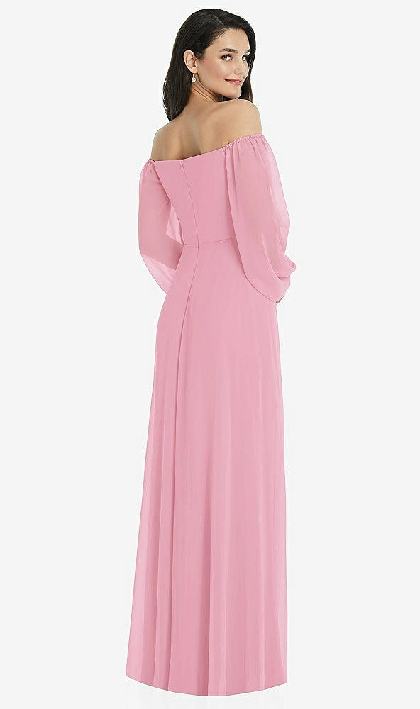 Back View - Peony Pink Off-the-Shoulder Puff Sleeve Maxi Dress with Front Slit