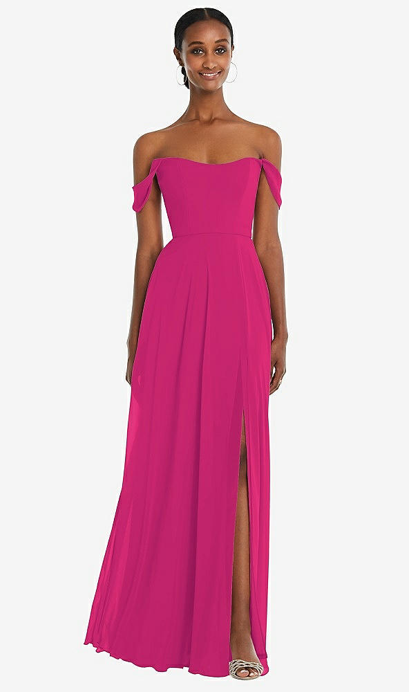 Front View - Think Pink Off-the-Shoulder Basque Neck Maxi Dress with Flounce Sleeves