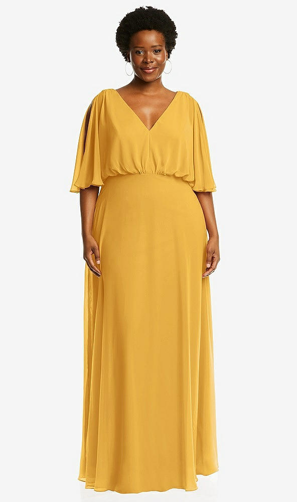 Front View - NYC Yellow V-Neck Split Sleeve Blouson Bodice Maxi Dress