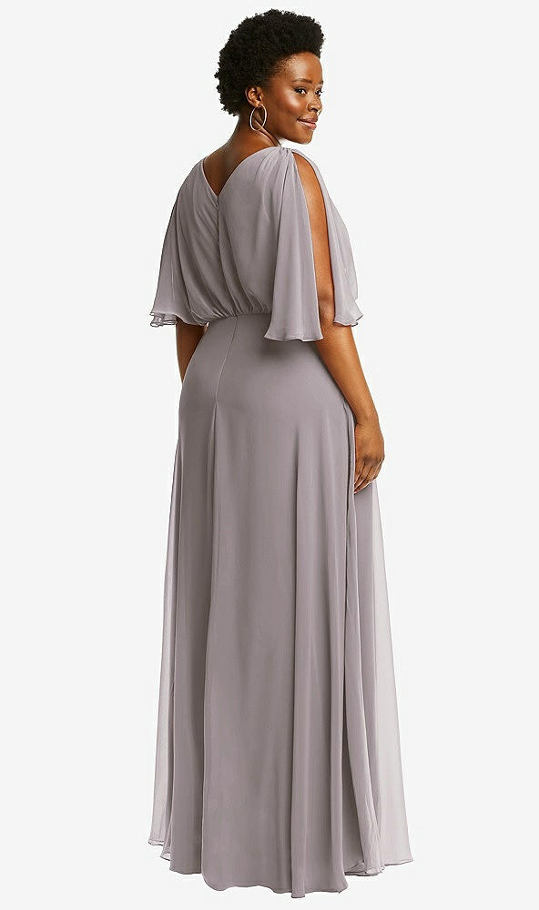 Back View - Cashmere Gray V-Neck Split Sleeve Blouson Bodice Maxi Dress