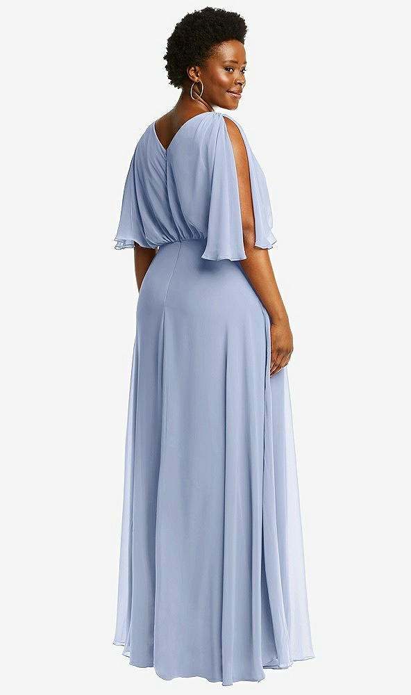 Back View - Sky Blue V-Neck Split Sleeve Blouson Bodice Maxi Dress