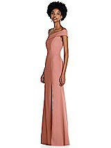 Side View Thumbnail - Desert Rose Asymmetrical Off-the-Shoulder Cuff Trumpet Gown With Front Slit