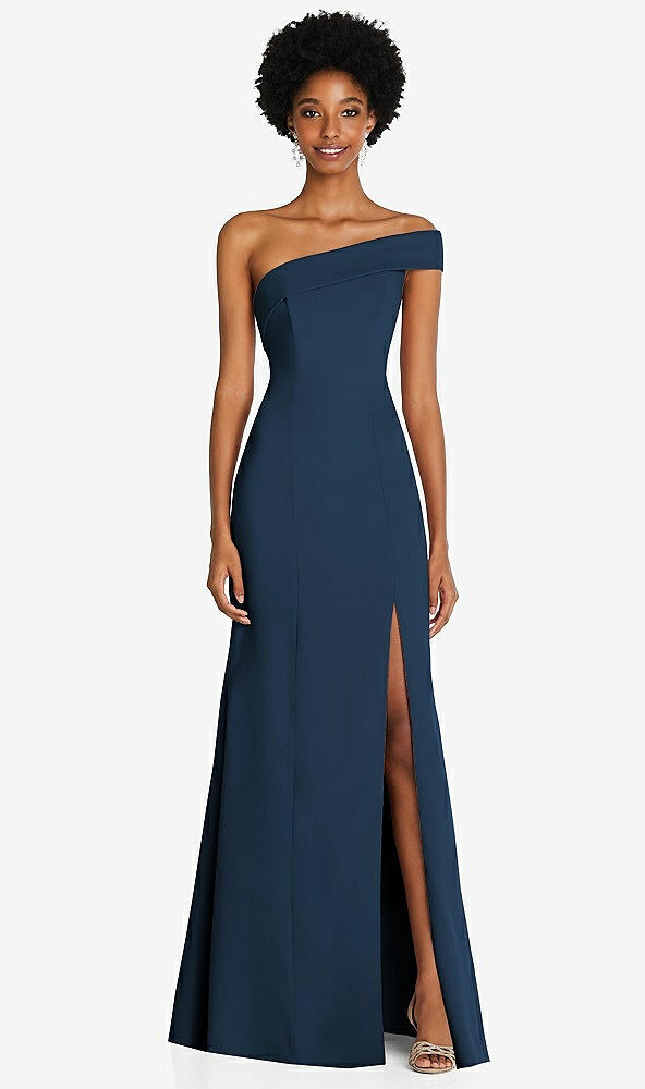 Front View - Sofia Blue Asymmetrical Off-the-Shoulder Cuff Trumpet Gown With Front Slit