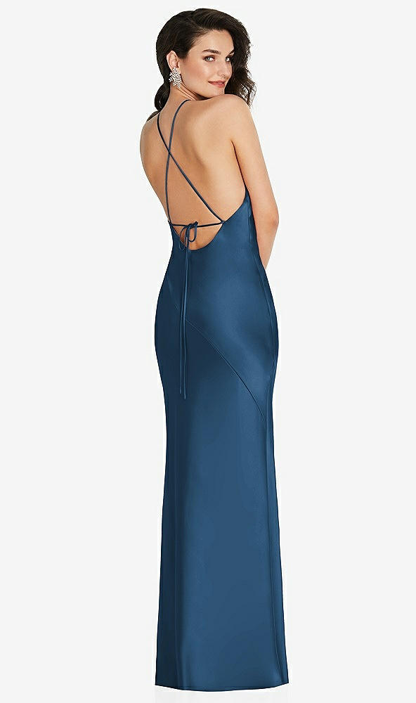 Back View - Dusk Blue Halter Convertible Strap Bias Slip Dress With Front Slit