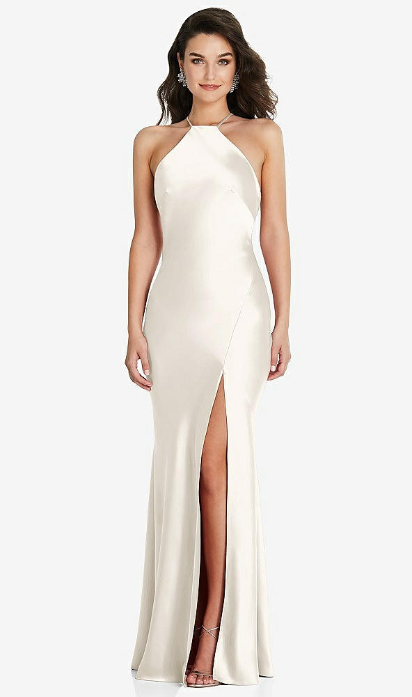 Front View - Ivory Halter Convertible Strap Bias Slip Dress With Front Slit